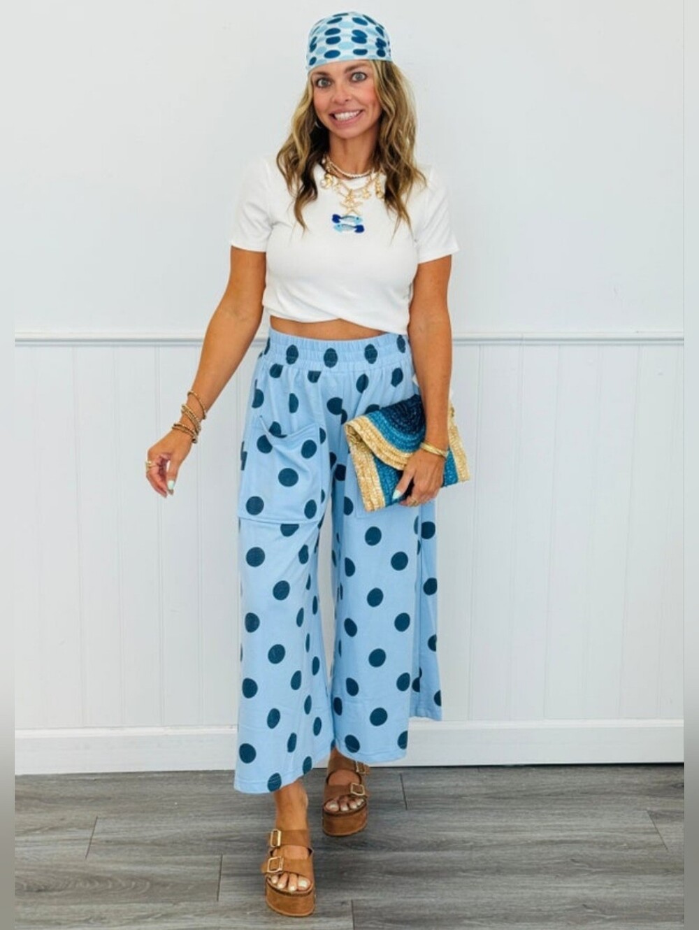 Oddi Blue Polka Dot Wide Leg Cropped Pants - Picture 3 of 9